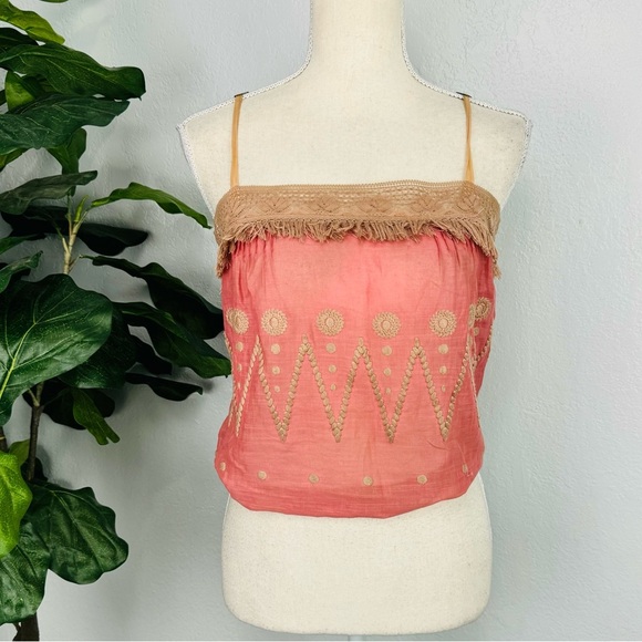 Rebecca Taylor Y2K Coral Pink Silk Blend Crochet Fringe Camo Bubble Crop Top